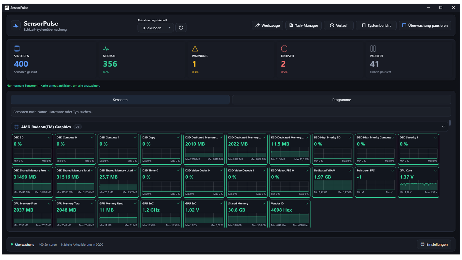 SensorPulse Hauptfenster mit Live-Sensoren und Hardware-Gruppen